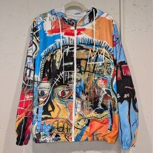 Members Only Basquiat Windbreaker Hooded Jacket Size L Multicolor Graffiti Art